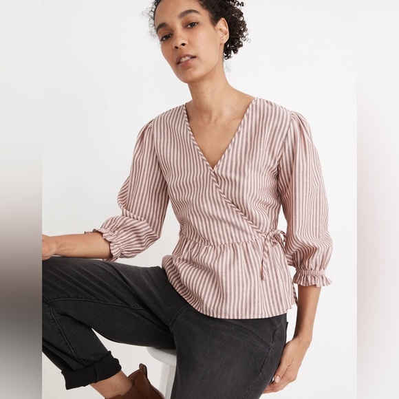 Madewell Puff-Sleeve Peplum Wrap Top in Stripe - Picture 1 of 10
